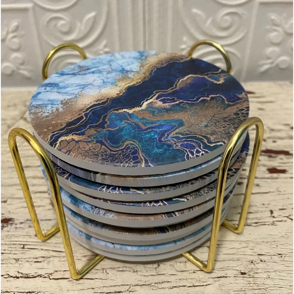 Coasters Set of 10 Marble Coasters with Gold holder Absorbent Coasters